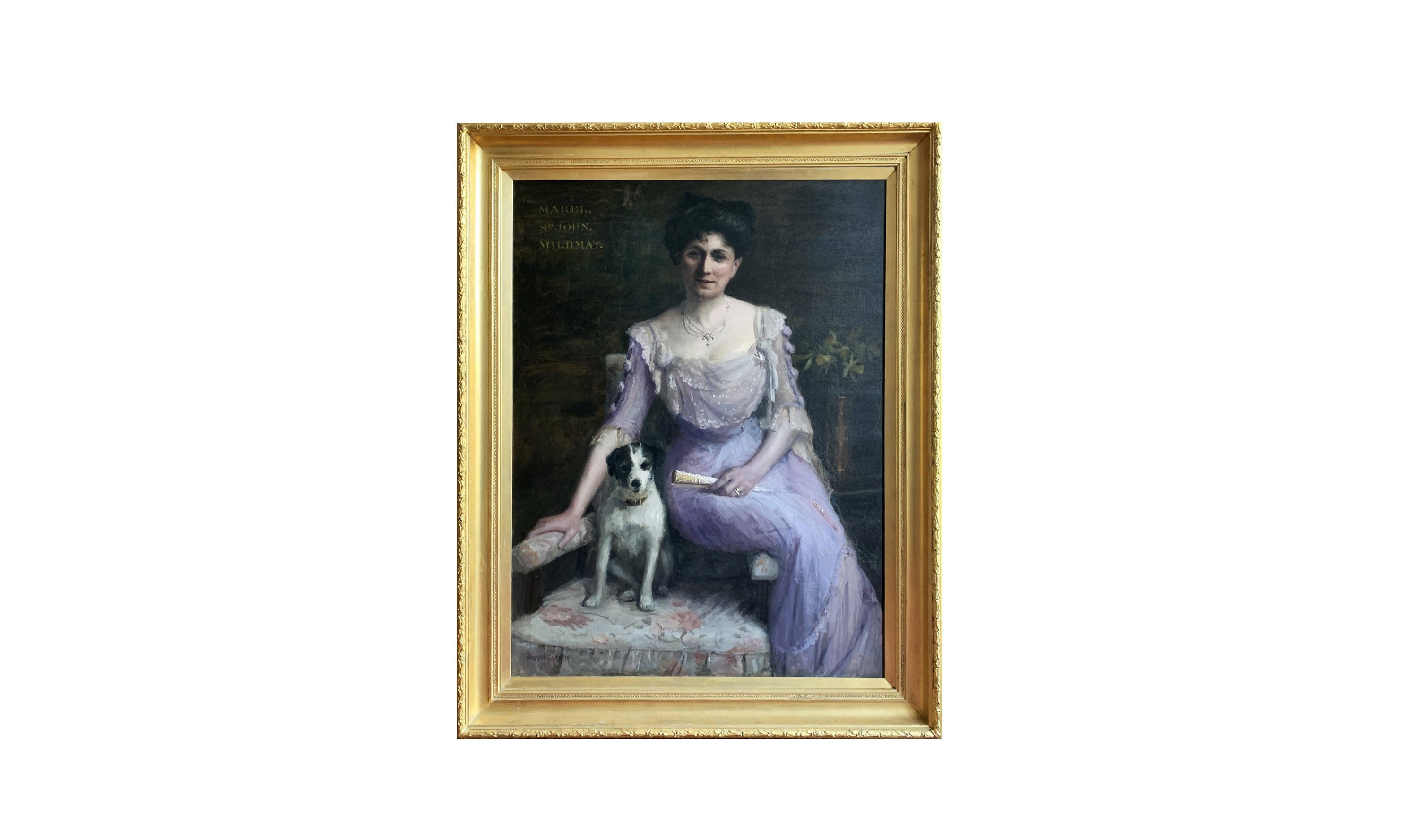  The Lilac Dress, A portrait of Mabel St John Mildmay, she sits on the arm of a chair a terrier at her side. By Norman Garstin.