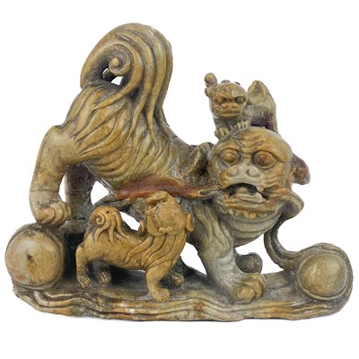 Lot 217 - A Chinese soapstone carved group of dogs of fo, 19th century.