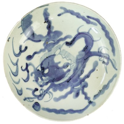 Lot 1200 - A Chinese provincial blue and white porcelain dragon dish