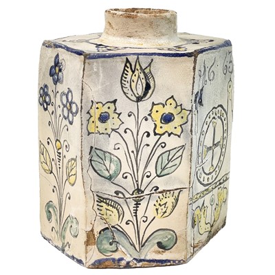 Lot 121 - A 17th century hexagonal Haban faience tea cannister.