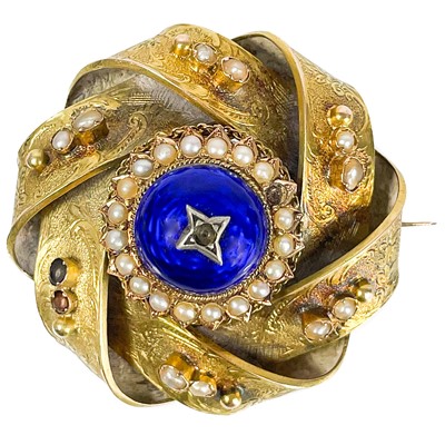 Lot 2 - A Victorian gold (tests 14ct) blue guilloche enamel and seed pearl set knot brooch.