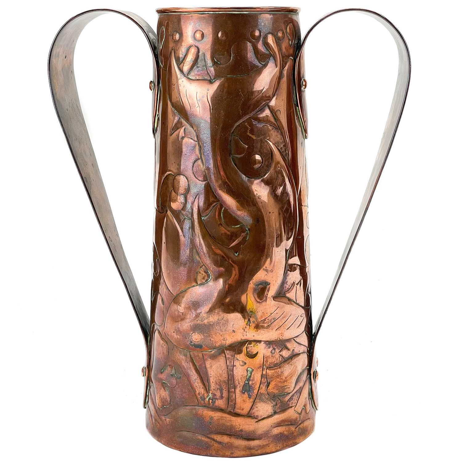 Lot 253 - A Newlyn copper twin handled vase.