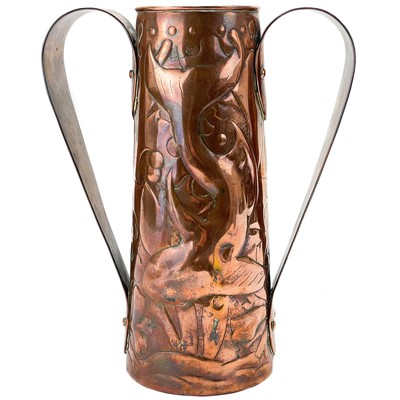 Lot 253 - A Newlyn copper twin handled vase.