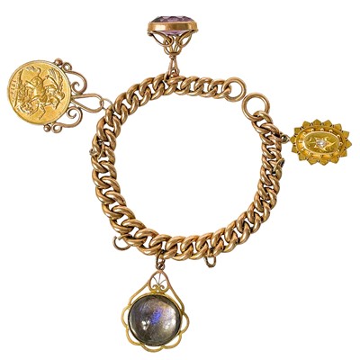 Lot 10 - A 9ct curb link charm bracelet applied with a sovereign coin.