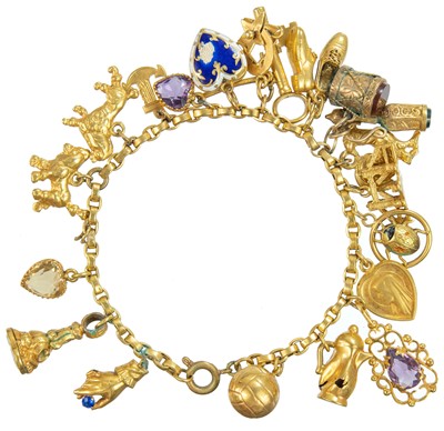 Lot 12 - A gilt-metal charm bracelet applied with many charms.