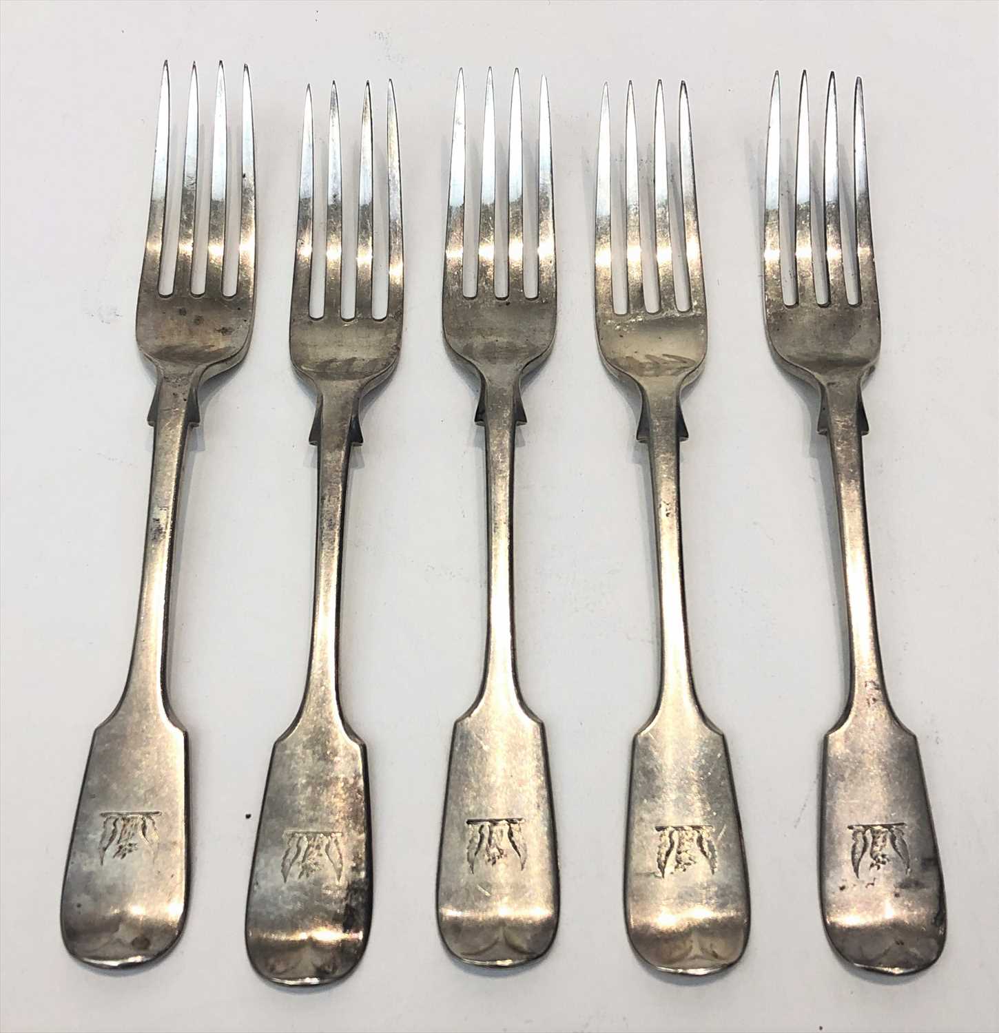 Lot 2111 - A set of five fiddle pattern early Victorian...