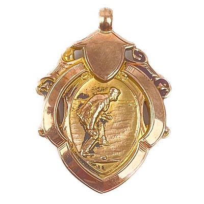 Lot 83 - A 1930's 9ct rose gold bowling medallion shield fob.