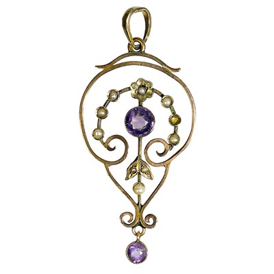 Lot 16 - An Art Nouveau 9ct rose gold amethyst and seed pearl open work pendant.