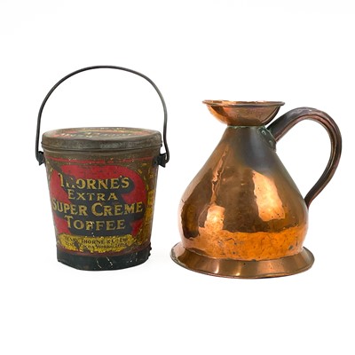 Lot 87 - A Thorne's toffee tin and cover and a copper gallon measure.