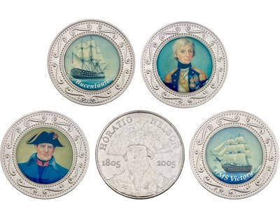 Lot 37 - Sterling Silver 4 x 24gm Trafalgar encapsulated medallions plus Royal Mint £5 unc.coins