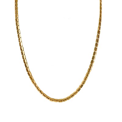 Lot 49 - An 18ct gold (tested) rectangular box link necklace.