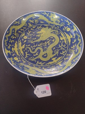 Lot 120 - A Chinese porcelain dragon dish, Qianlong mark and period.