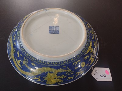 Lot 120 - A Chinese porcelain dragon dish, Qianlong mark and period.