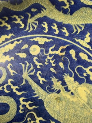 Lot 120 - A Chinese porcelain dragon dish, Qianlong mark and period.