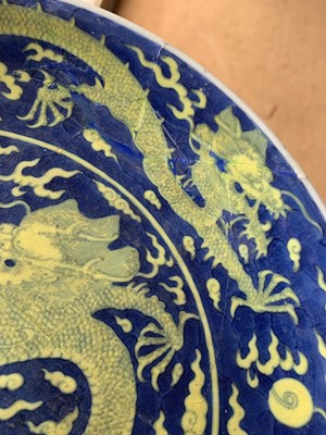 Lot 120 - A Chinese porcelain dragon dish, Qianlong mark and period.