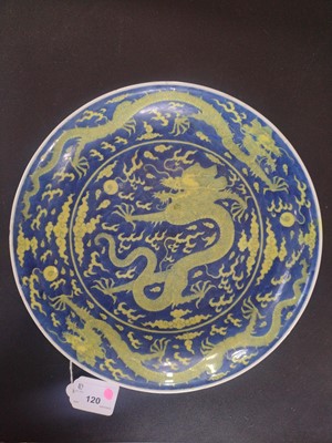 Lot 120 - A Chinese porcelain dragon dish, Qianlong mark and period.