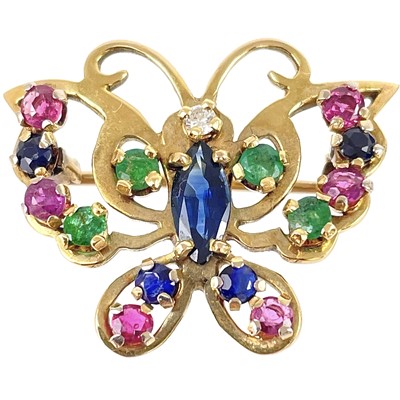 Lot 78 - An attractive modern 9ct diamond, emerald, ruby and sapphire set butterfly brooch.