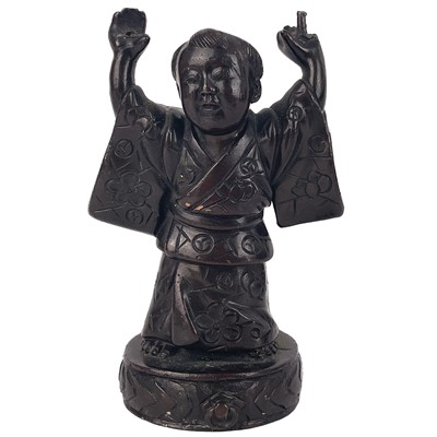 Lot 1287 - A Japanese bronze scroll weight in the form of a boy, signed.