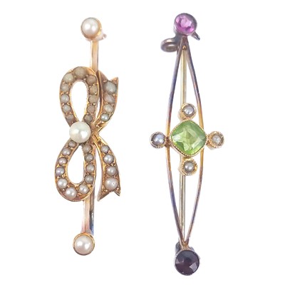 Lot 98 - Two Edwardian high purity gold (tests 14ct) brooches, one in Suffragette colour gems.