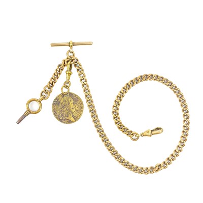 Lot 74 - Three silver Albert watch chains and a gold-plated watch chain with Guinea games token fob.