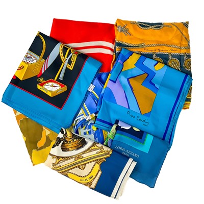 Lot 597 - Eight various vintage designer printed silk scarves.