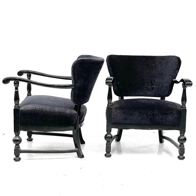 Lot 740 - A pair of upholstered bow back armchairs.