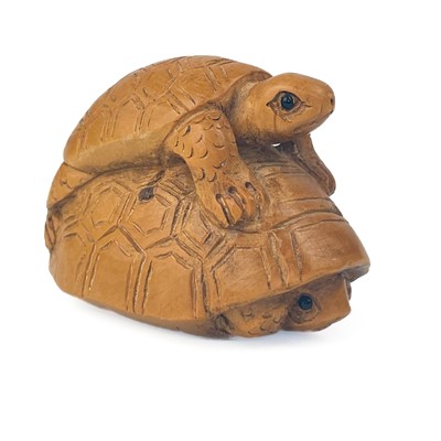 Lot 1279 - A Japanese carved wood netsuke of two turtles, signed.