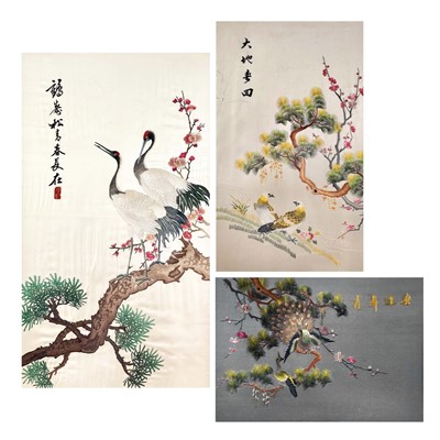 Lot 312 - Three Chinese silk embroidered pictures, 20th century.