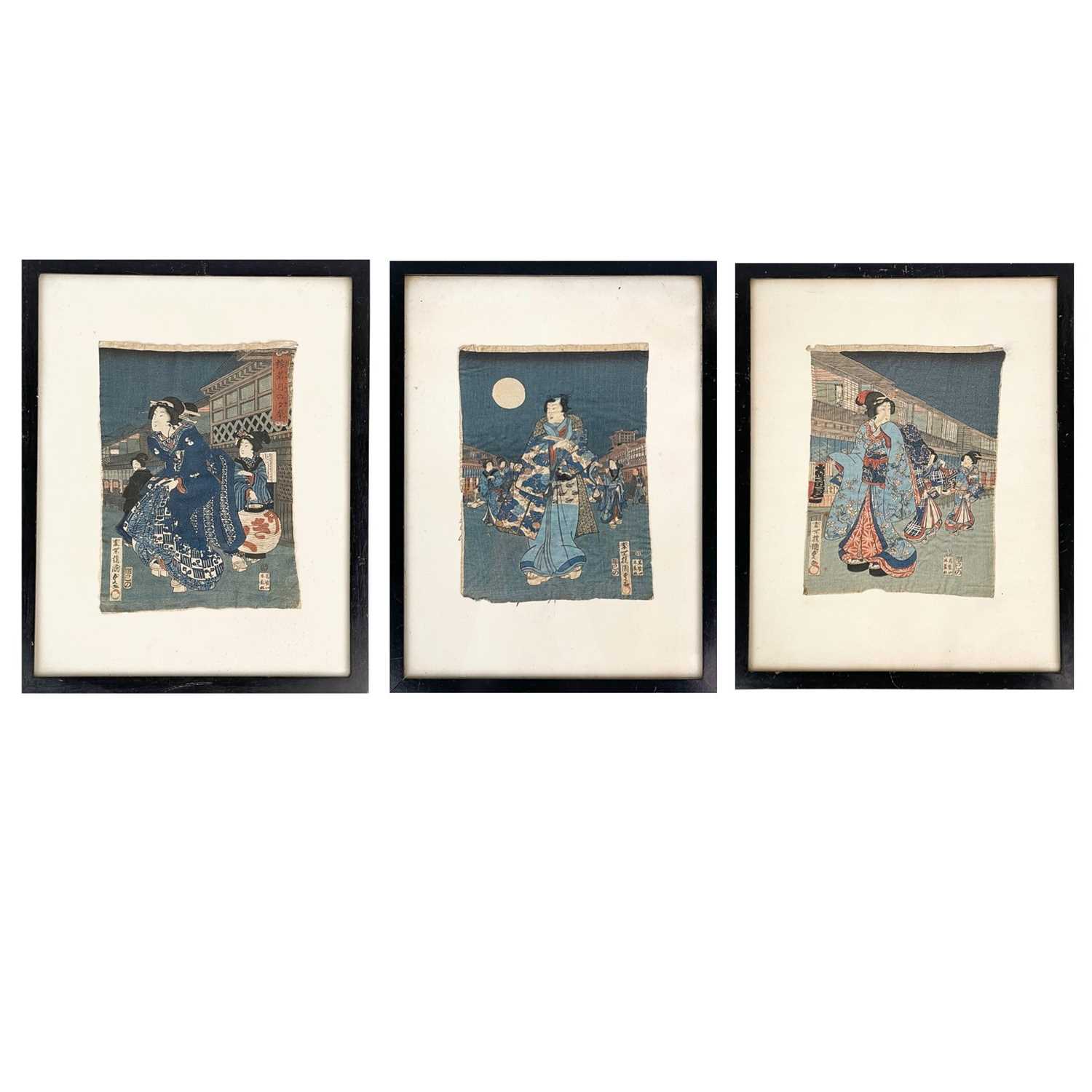 Lot 346 - Three Japanese woodblock prints on silk