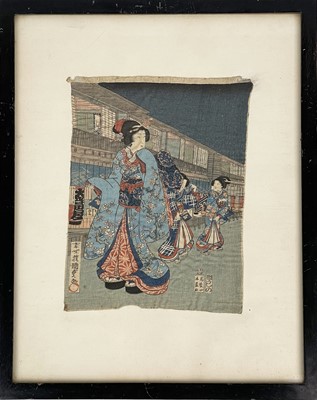 Lot 346 - Three Japanese woodblock prints on silk