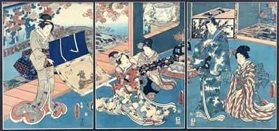 Lot 1251 - A Japanese triptych woodblock print, Kunisada Toyokuni III (1786-1864).