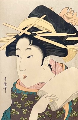 Lot 302 - A Japanese woodblock portrait print, by Utamaro.