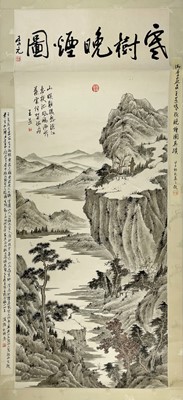 Lot 454 - A Chinese scroll painting of a mountainous lake scene.