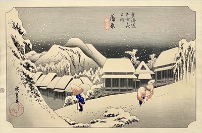 Lot 331 - A Japanese woodblock print of Evening Snow by Hiroshige.