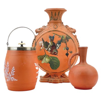 Lot 578 - A Victorian Watcombe terracotta pottery moon flask.