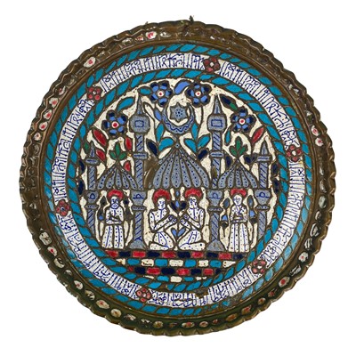 Lot 115 - An Islamic copper and enamelled tray, circa 1900.