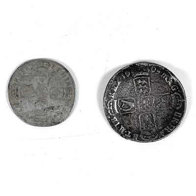 Lot 56 - HMS Association sunk 1707. 1695 shilling, 1696 sixpence silver coins