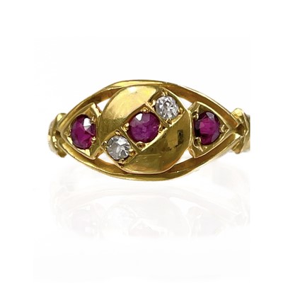 Lot 123 - An Edwardian 18ct gold diamond and ruby five stone ring.