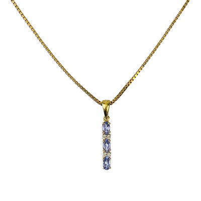 Lot 141 - A 14ct diamond and pale blue sapphire set pendant on a 9ct necklace.