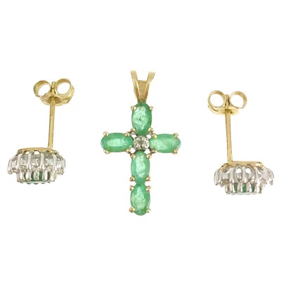 Lot 163 - A 9ct diamond and emerald pair of cluster stud earrings and a cross pendant.