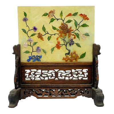 Lot 364 - A Chinese jade and carved hardwood table screen,.