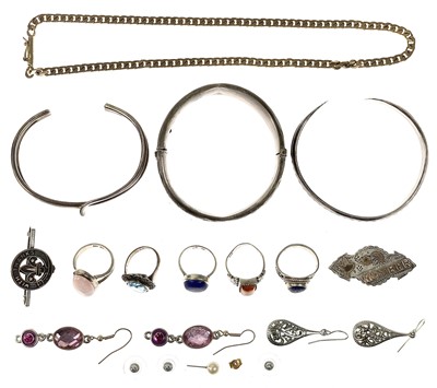 Lot 496 - A selection of silver jewellery and a gold plated curb link chain.