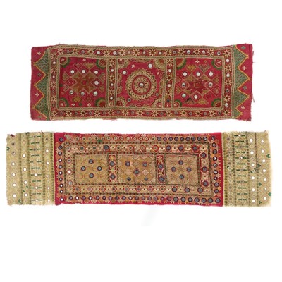 Lot 52 - Two Indian cotton and embroidered silk table runners, early 20th century.