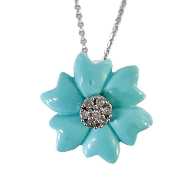 Lot 214 - A contemporary 9ct white gold turquoise and diamond flower pendant necklace.