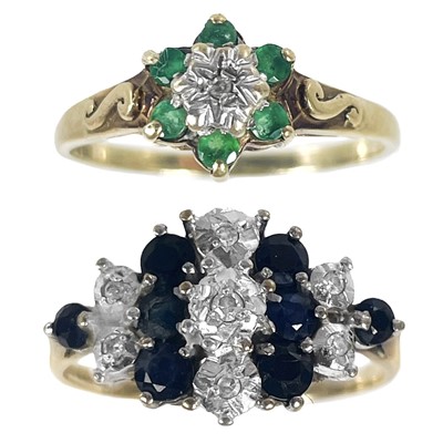 Lot 215 - Two 9ct gem and diamond set cluster rings.