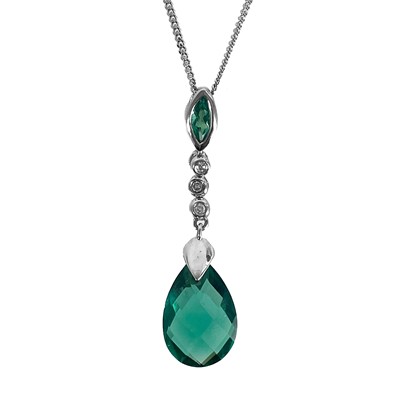 Lot 217 - A 9ct white gold green quartz and diamond set pendant on 18ct fine chain.