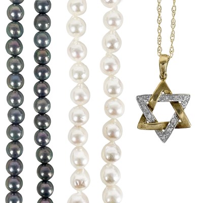 Lot 218 - A 9ct diamond set star pendant necklace and two cultured pearl necklaces.