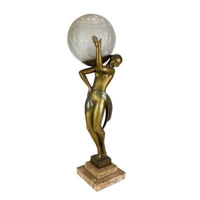 Lot 71 - An Art Deco patinated spelter figural table lamp after Faguays by Fayral.