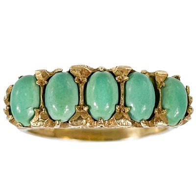 Lot 224 - A 9ct Victorian style turquoise set five stone ring.