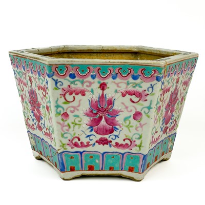 Lot 393 - A Chinese famille rose hexagonal jardiniere, 19th century.